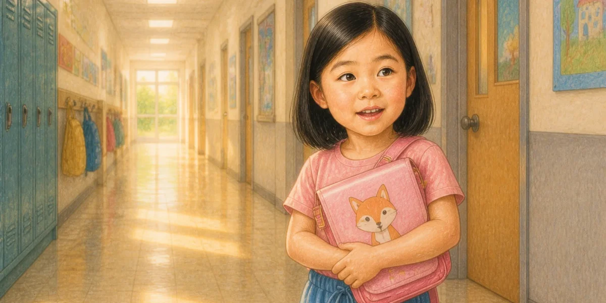 Illustrazione da un libro di esempio · Yuna e il suo primo giorno di scuola